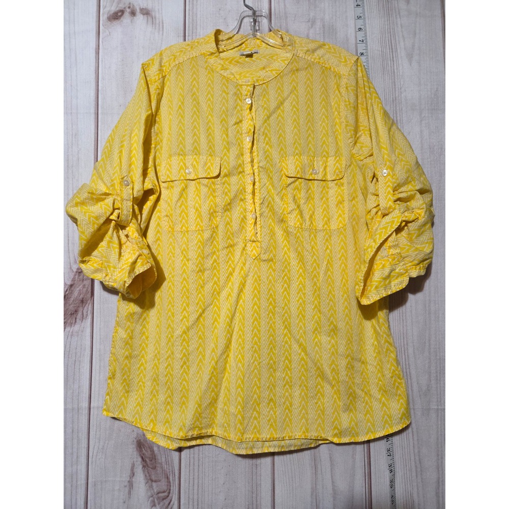 Gap Ladies Large Yellow Chevron 3/4 Sleeve Tunic Top Roll Tab Pockets